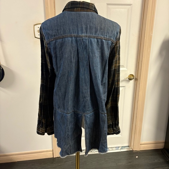 Free People 100% Cotton Plaid Button-Up Shirt with Denim Accents - Picture 2 of 4